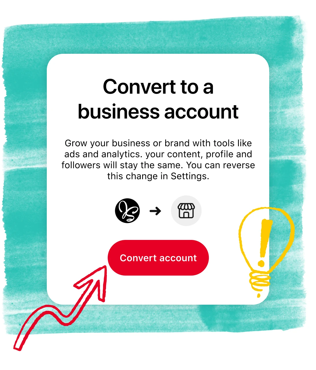 Pinterest app screen showing how to convert to business account