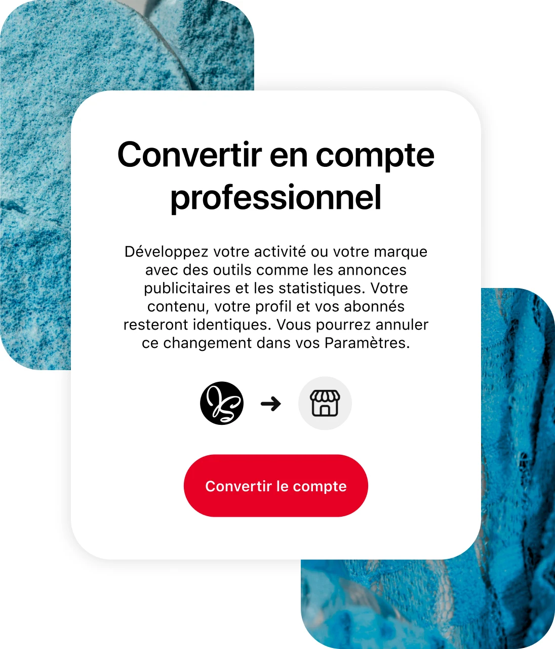 Écran de l’application Pinterest montrant comment passer à un compte professionnel