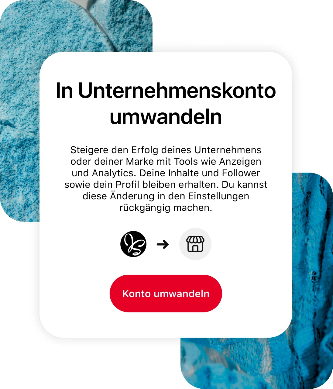 Pinterest-App-Screen zeigt Umwandlung in Unternehmenskonto