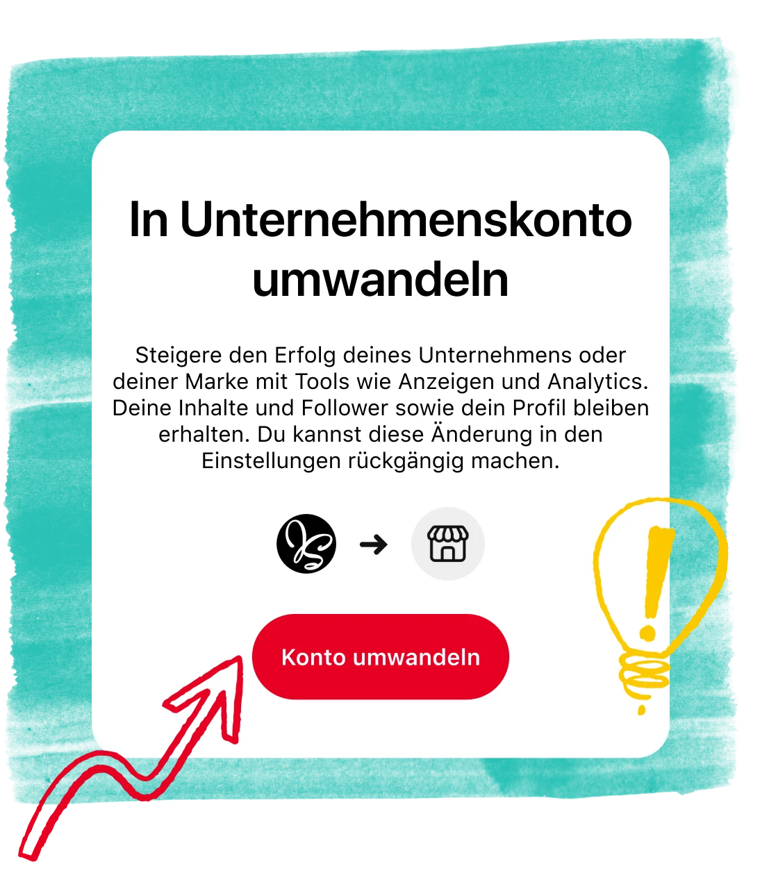 Pinterest-App-Screen zeigt Umwandlung in Unternehmenskonto