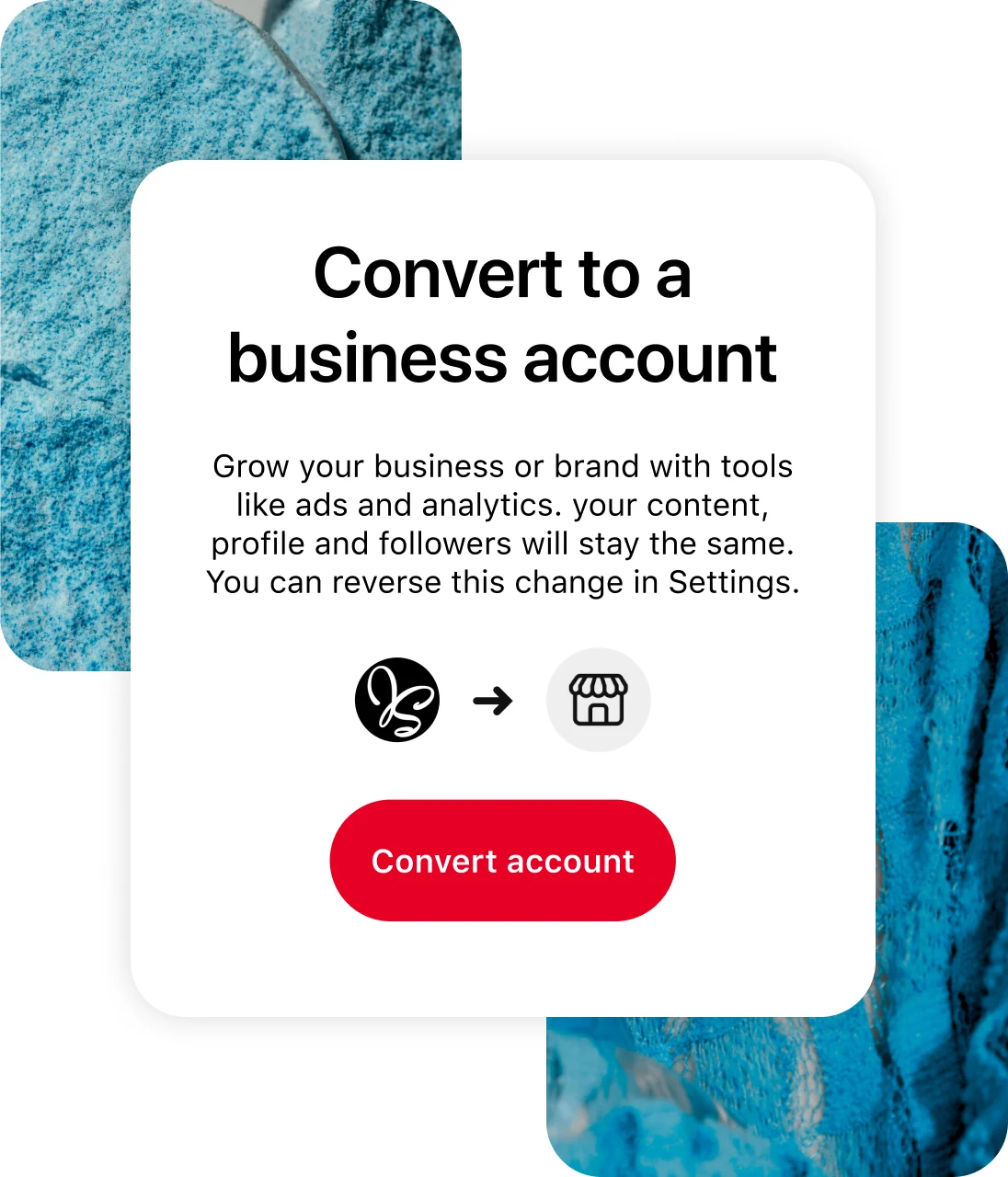 Pinterest app screen showing how to convert to business account