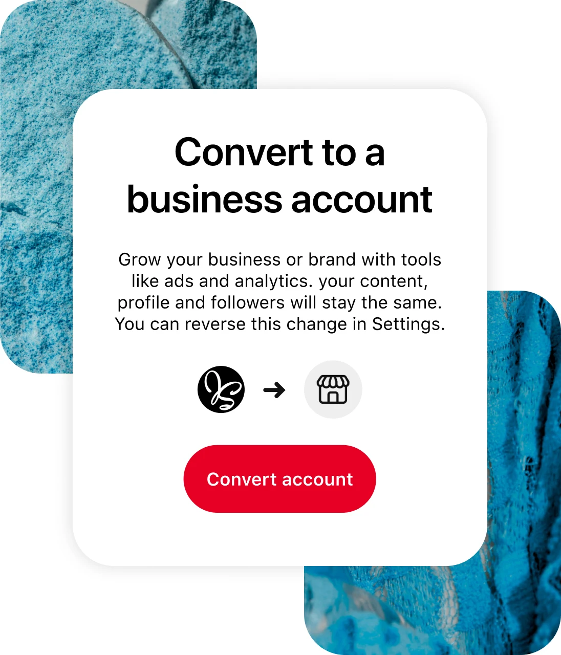 Pinterest app screen showing how to convert to a business account