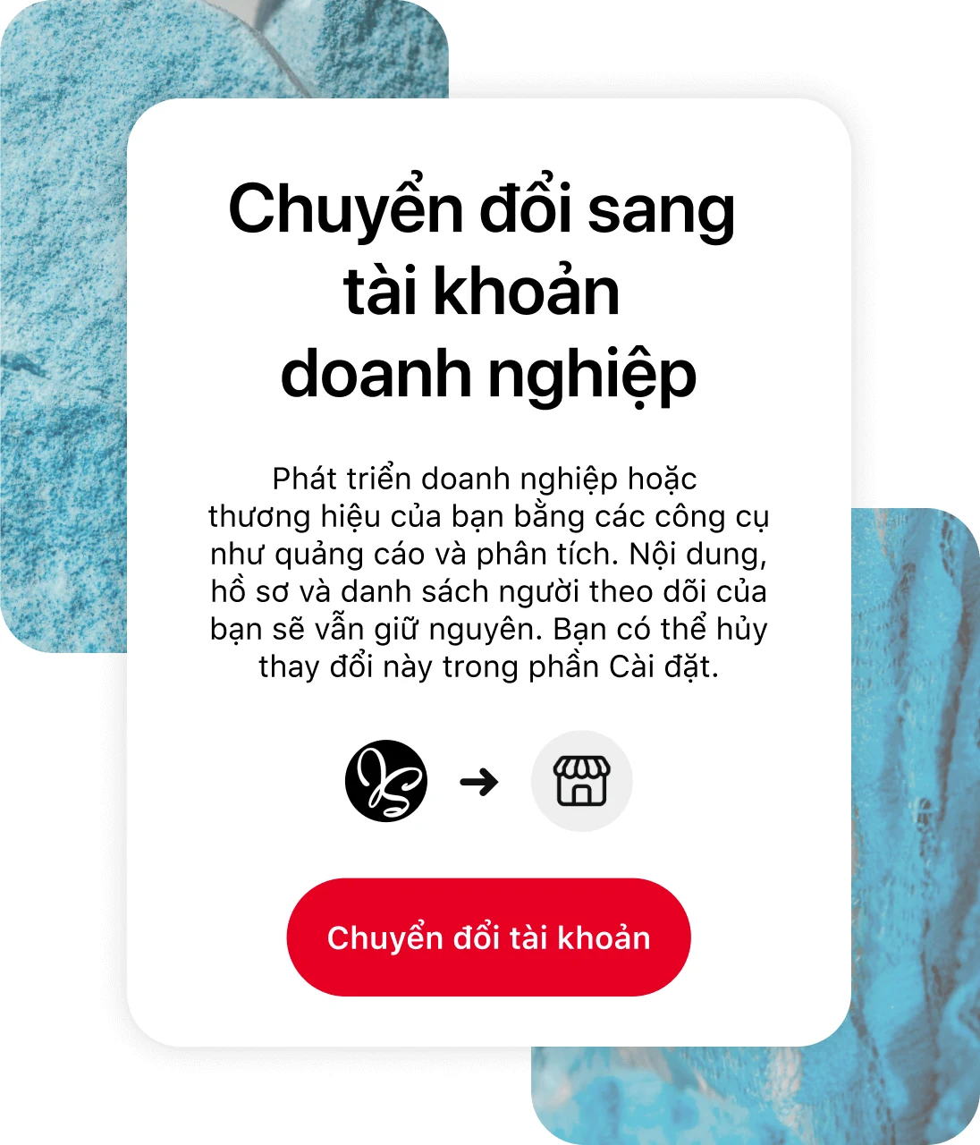 Màn hình ứng dụng Pinterest hiển thị cách chuyển đổi sang tài khoản doanh nghiệp