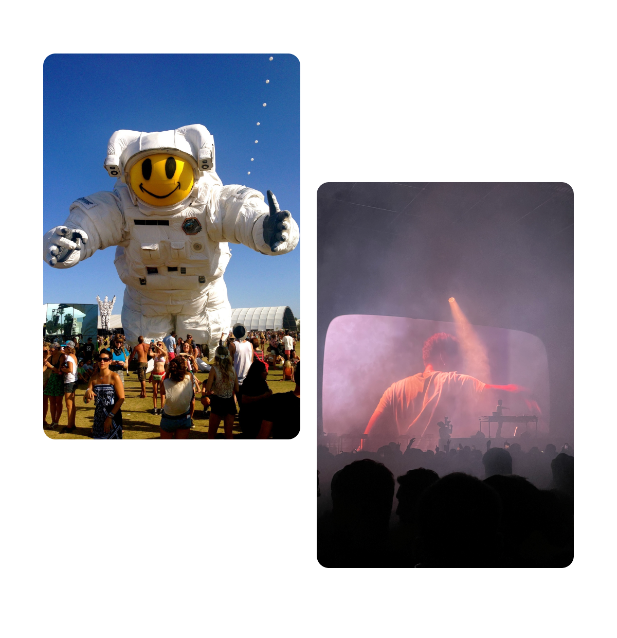 Zwei Pins, schwebender Astronaut auf Musikfestival, DJ spielt Set 