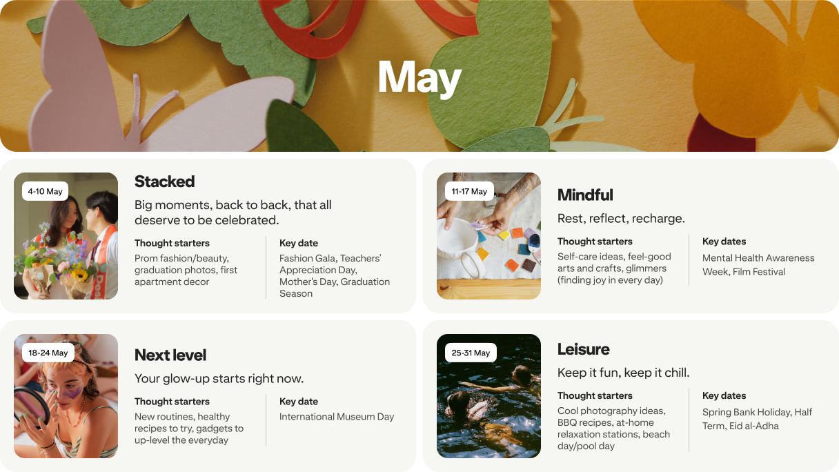 May planner view with four cards: Stacked, Mindful, Next level and Leisure, each dated and paired with photos.