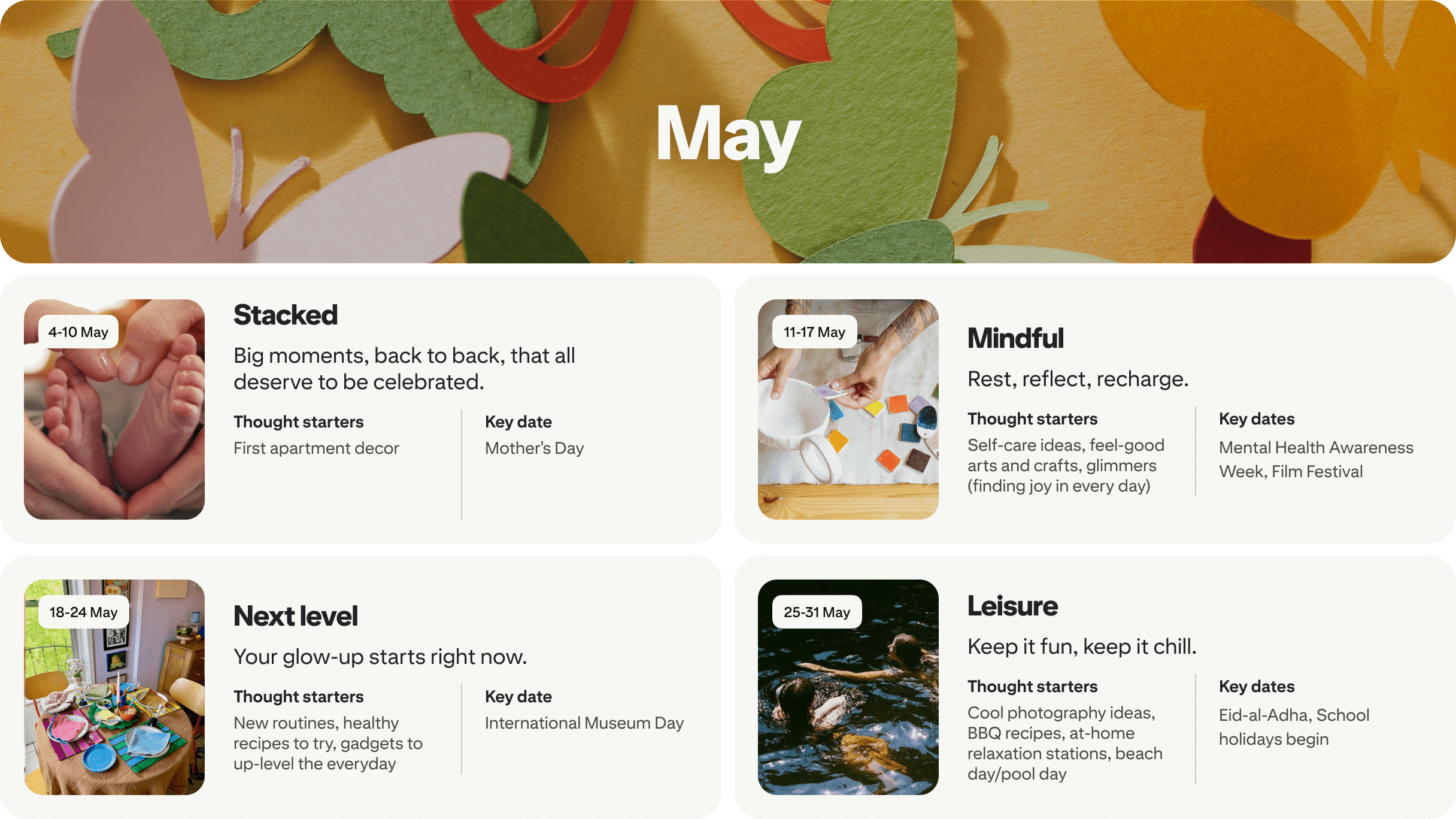 May planner view with four cards: Stacked, Mindful, Next level and Leisure, each dated and paired with photos.