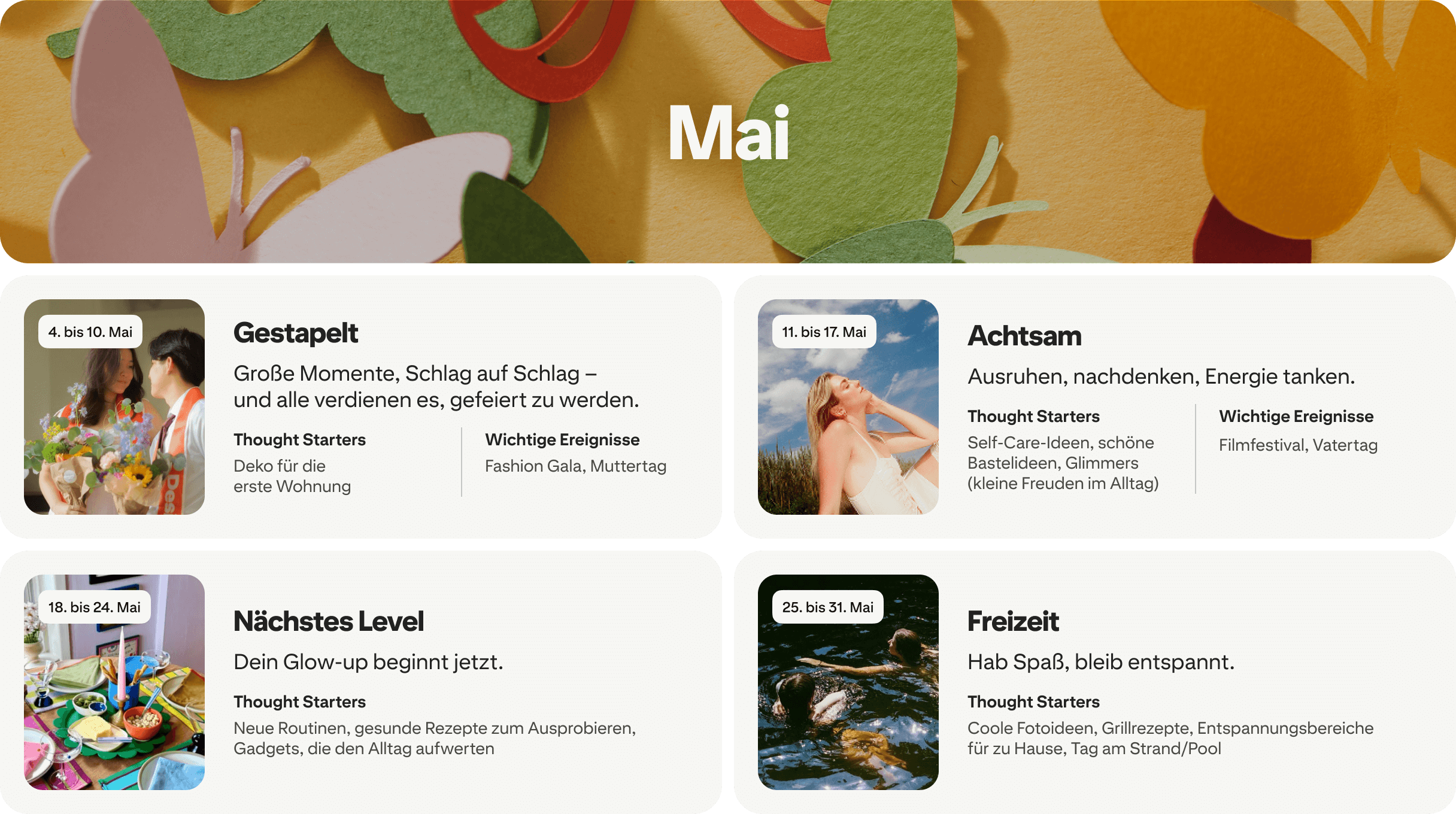 May planner view with four cards: Stacked, Mindful, Next level and Leisure, each dated and paired with photos.