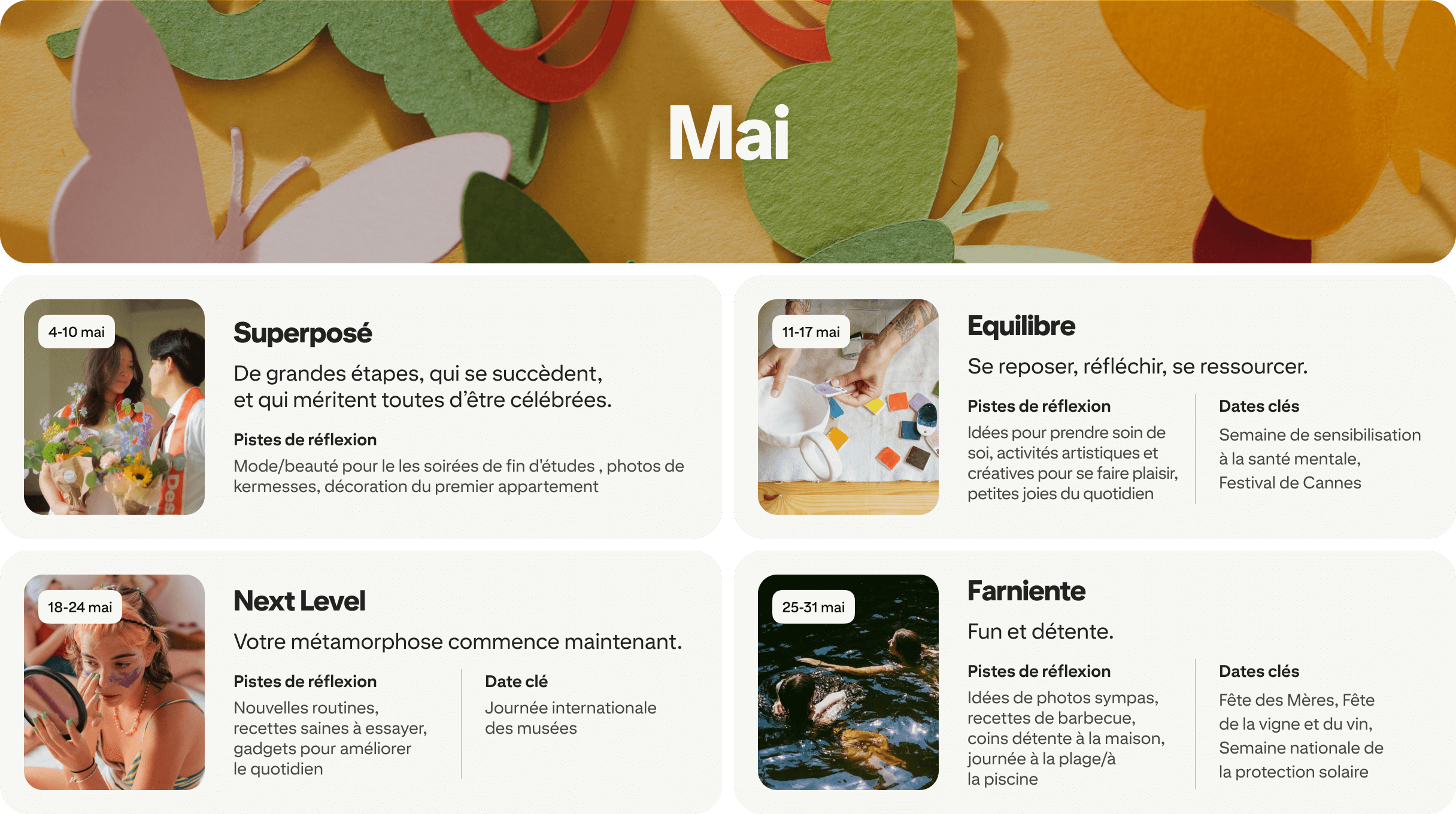 May planner view with four cards: Stacked, Mindful, Next level and Leisure, each dated and paired with photos.