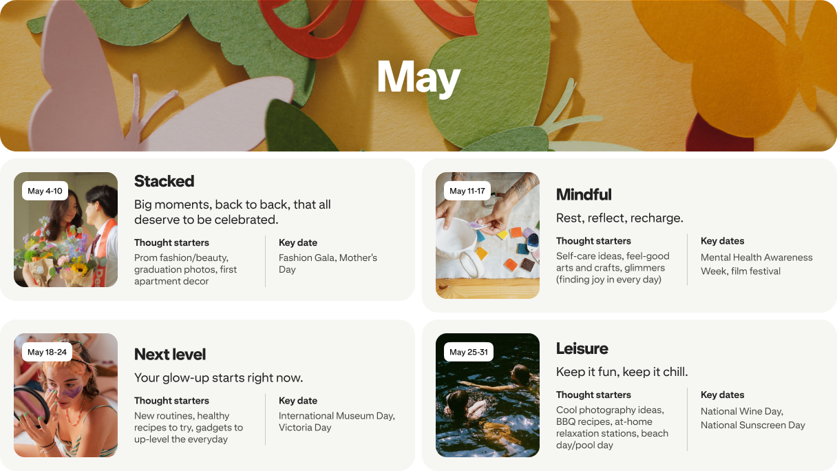 May planner view with four cards: Stacked, Mindful, Next level and Leisure, each dated and paired with photos.