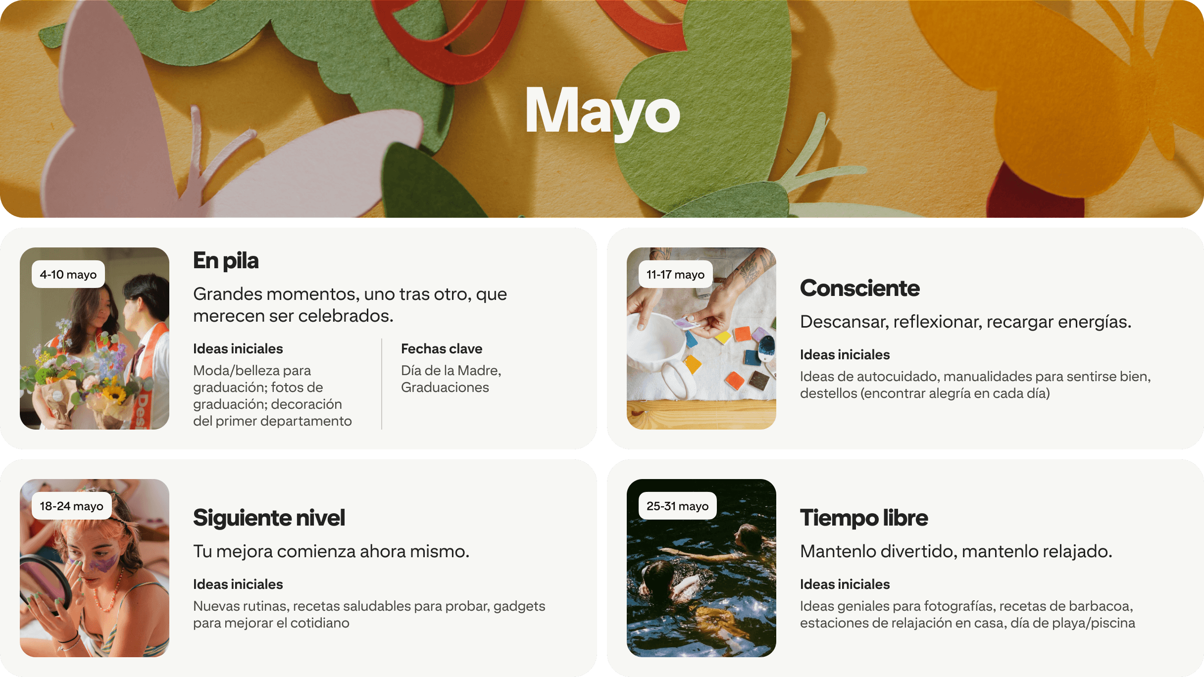 May planner view with four cards: Stacked, Mindful, Next level and Leisure, each dated and paired with photos.