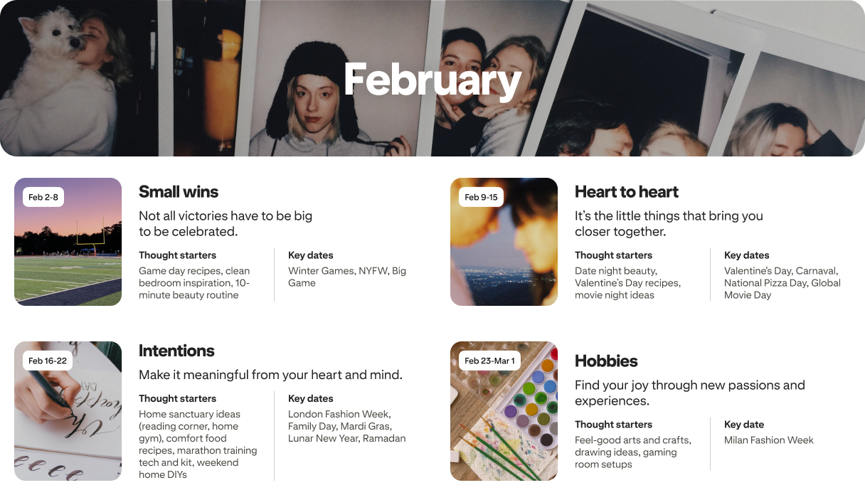 February planner view with four cards: Small wins, Heart to heart, Intentions and Hobbies, each dated and paired with photos.