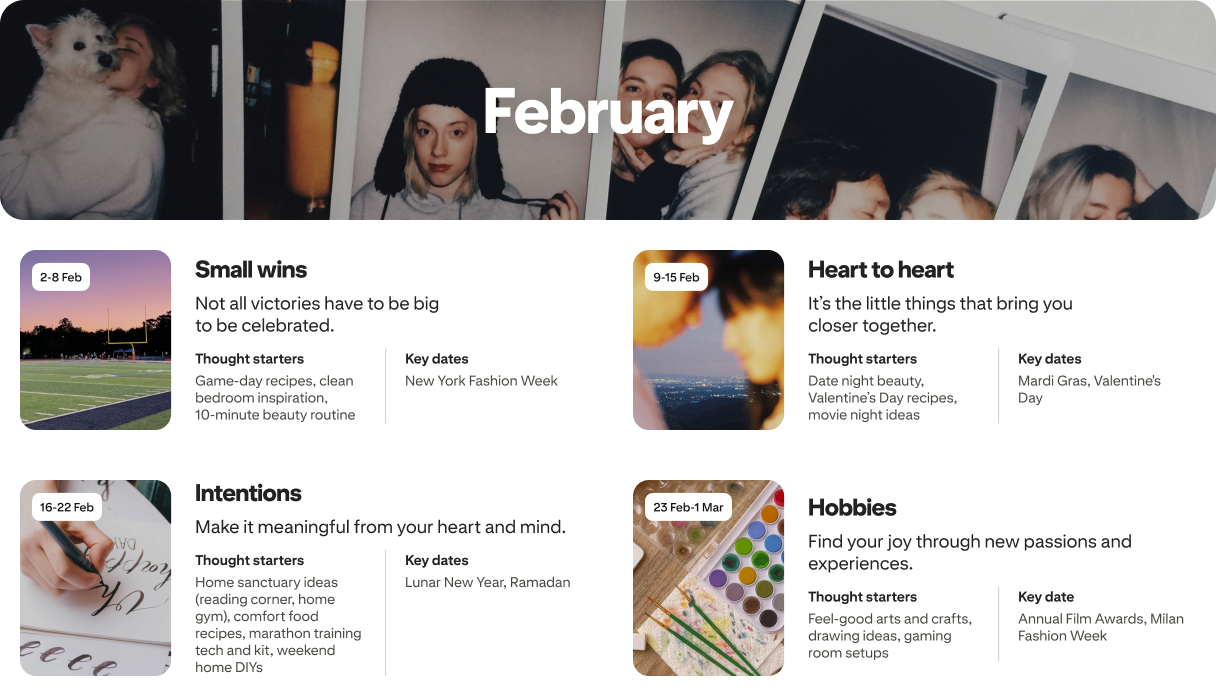 February planner view with four cards: Small wins, Heart to heart, Intentions and Hobbies, each dated and paired with photos.