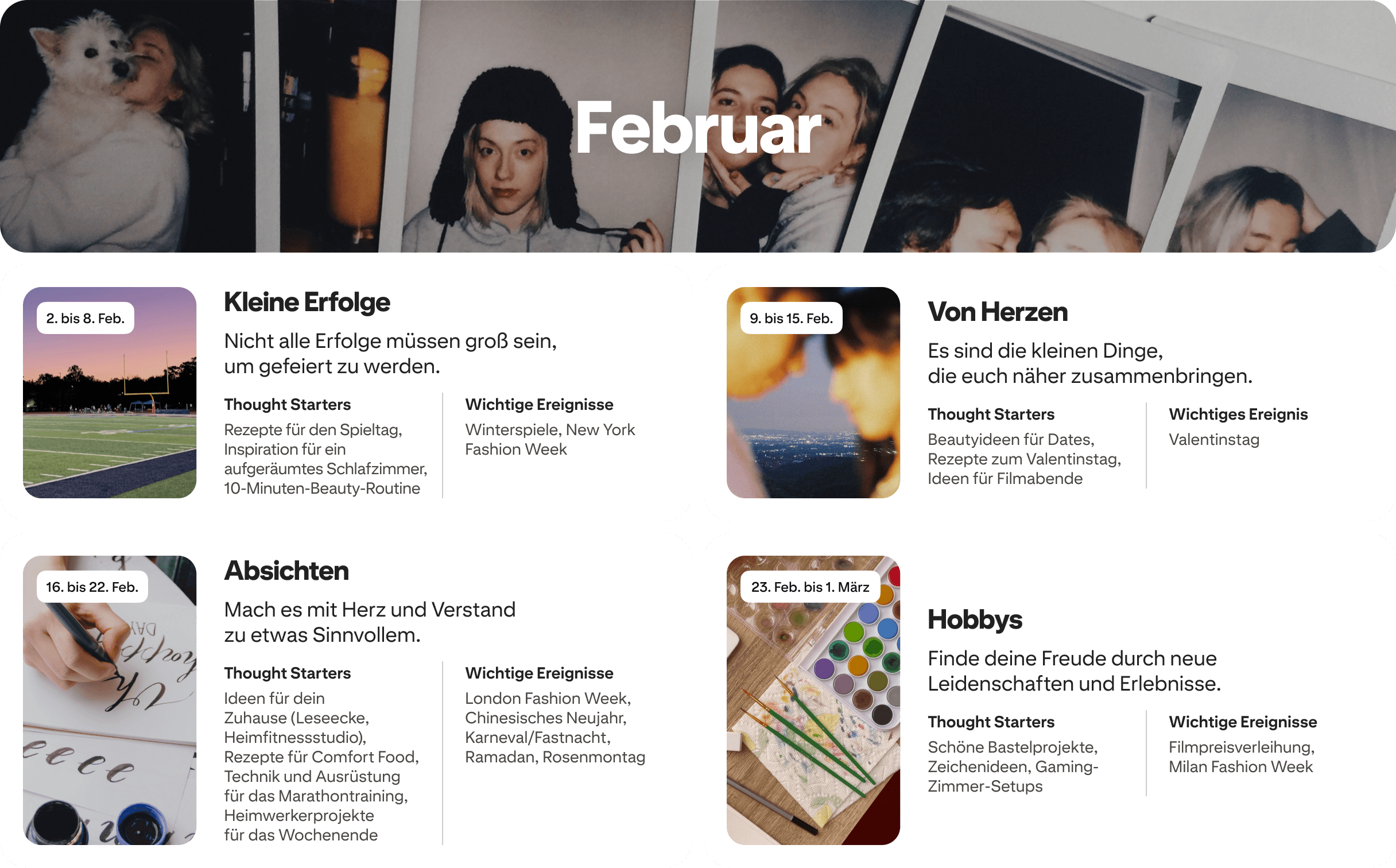 February planner view with four cards: Small wins, Heart to heart, Intentions and Hobbies, each dated and paired with photos.