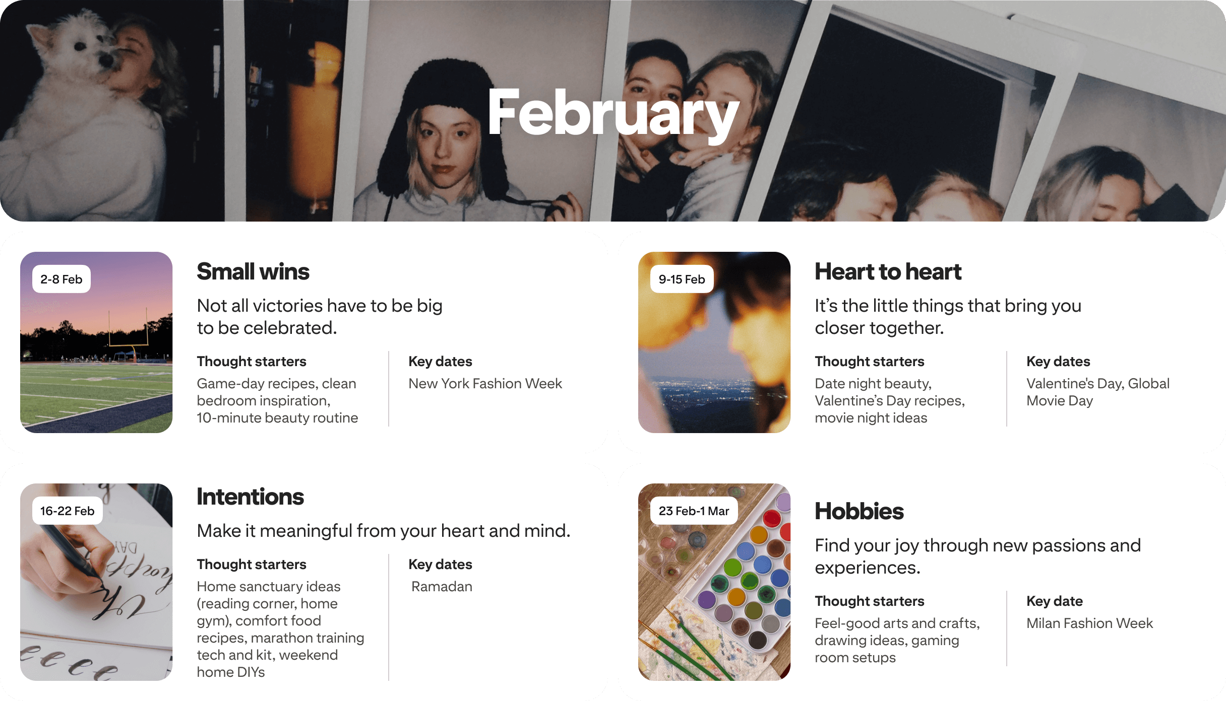 February planner view with four cards: Small wins, Heart to heart, Intentions and Hobbies, each dated and paired with photos.