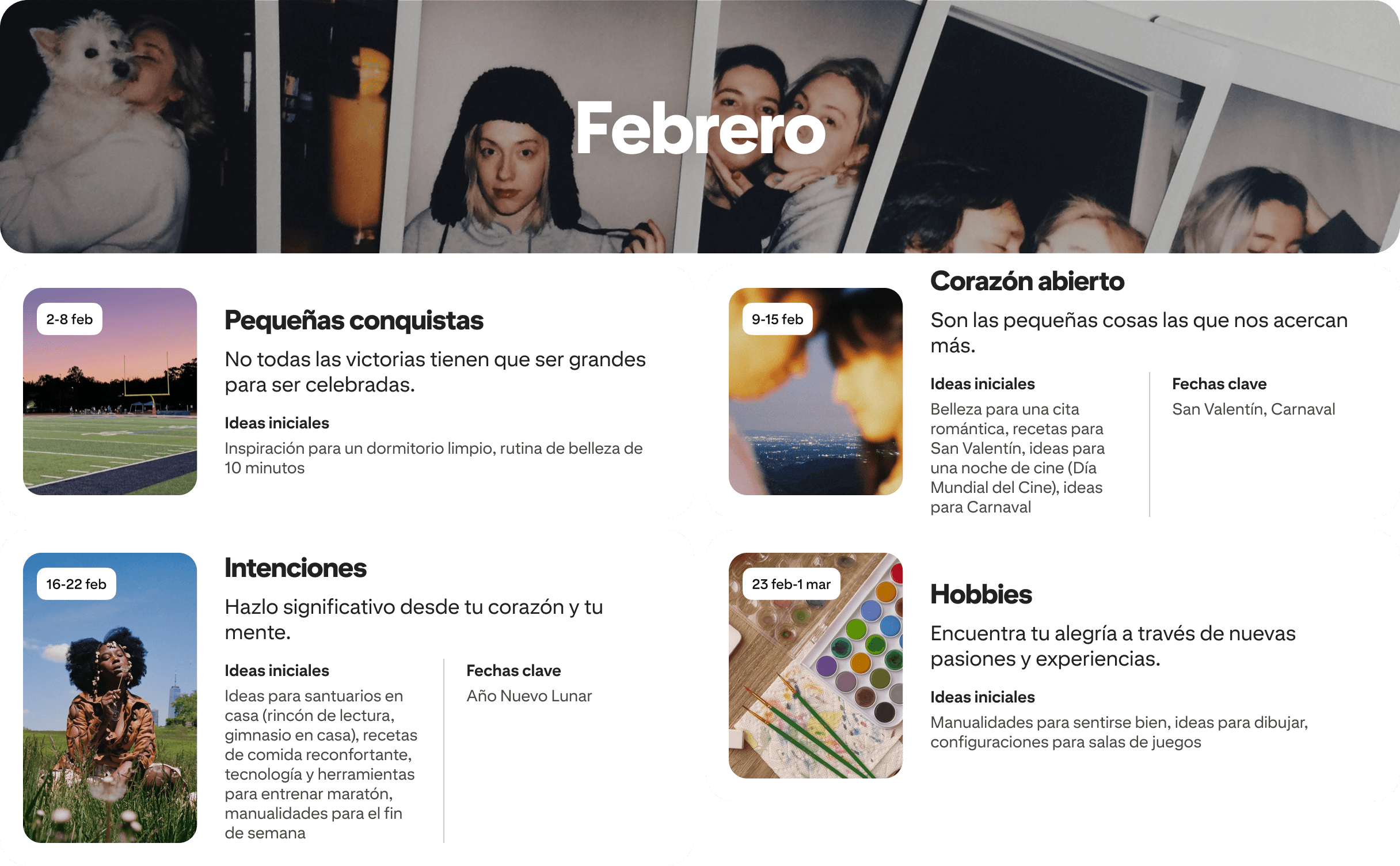 February planner view with four cards: Small wins, Heart to heart, Intentions and Hobbies, each dated and paired with photos.