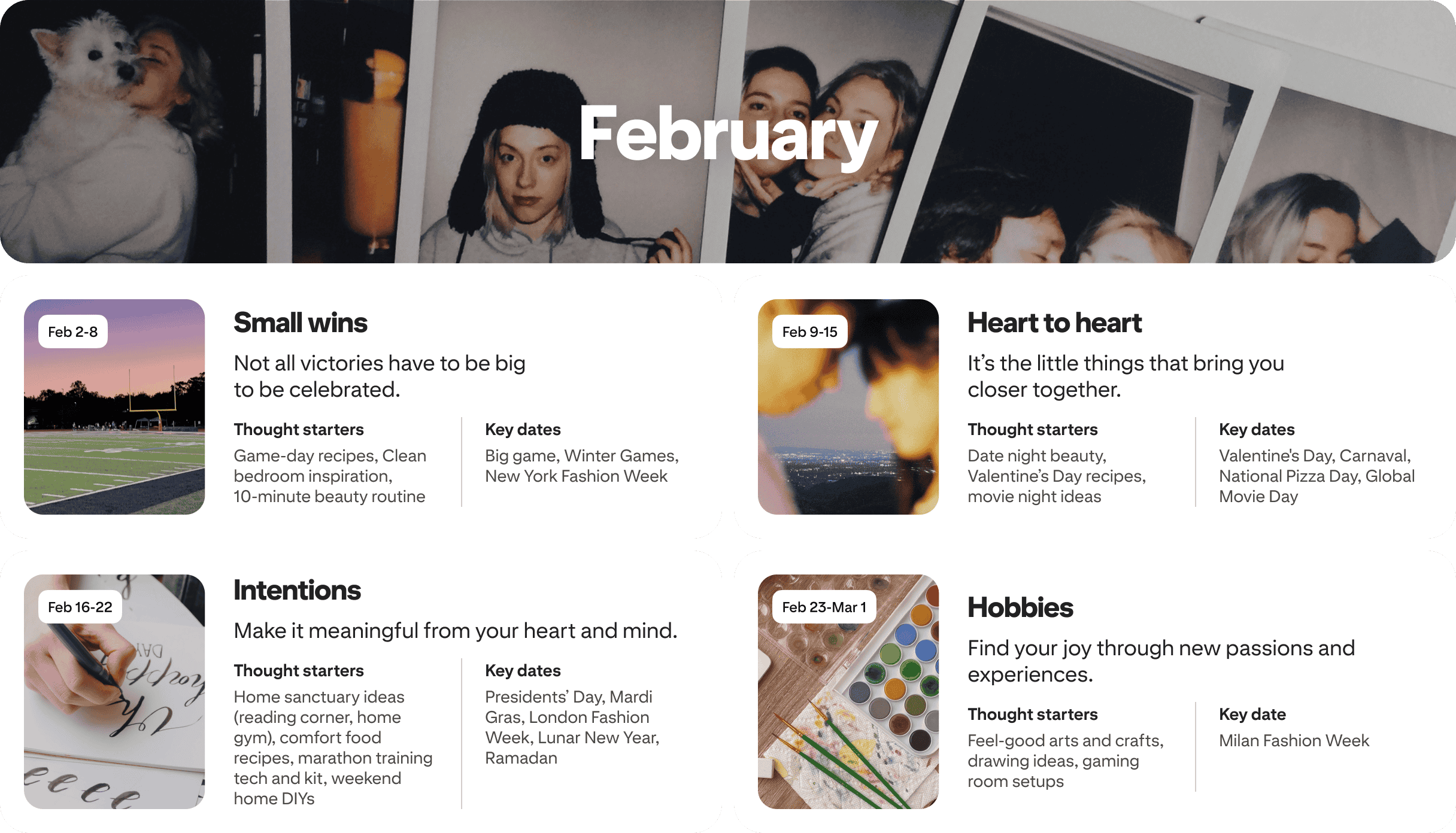 February planner view with four cards: Small wins, Heart to heart, Intentions and Hobbies, each dated and paired with photos.