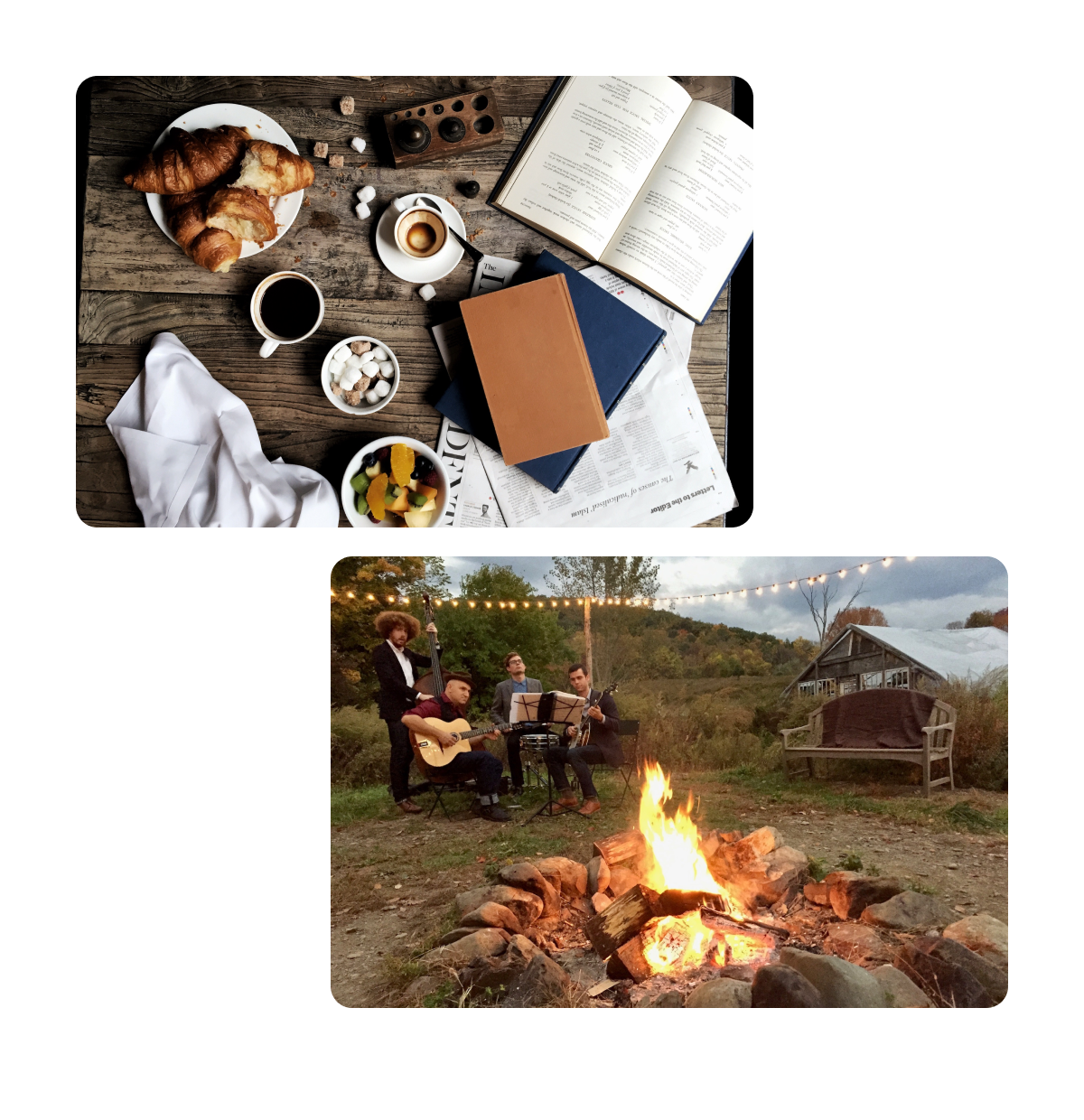 Two pins, hot chocolate, croissants and a book, band playing around fire pit