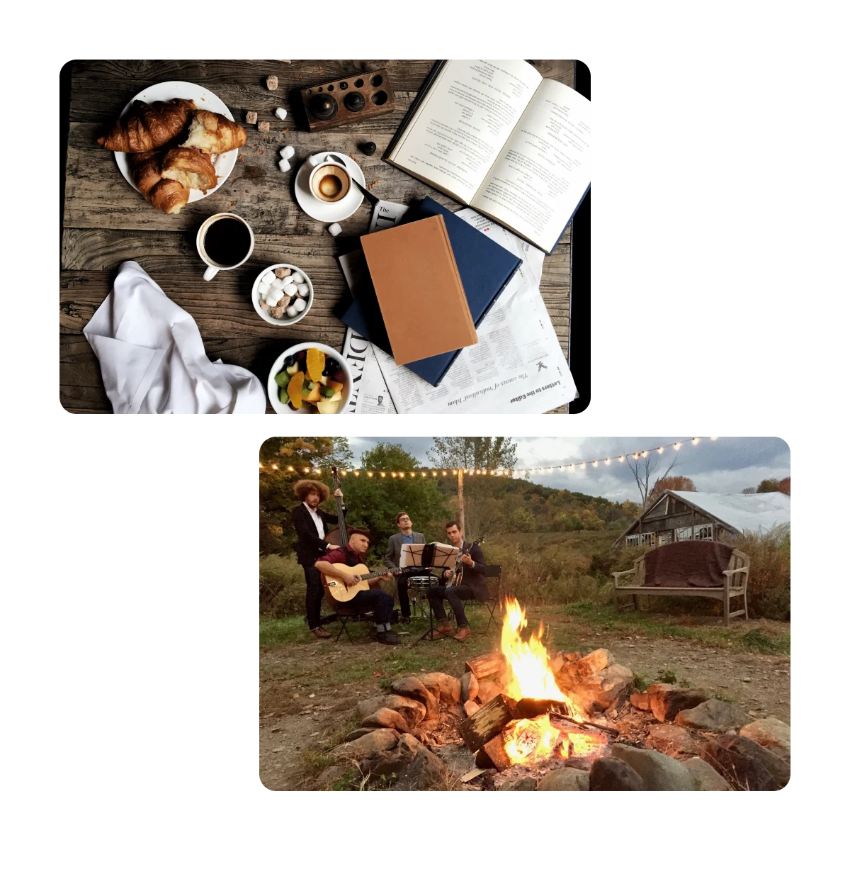 Two pins, hot chocolate, croissants and a book, band playing around fire pit