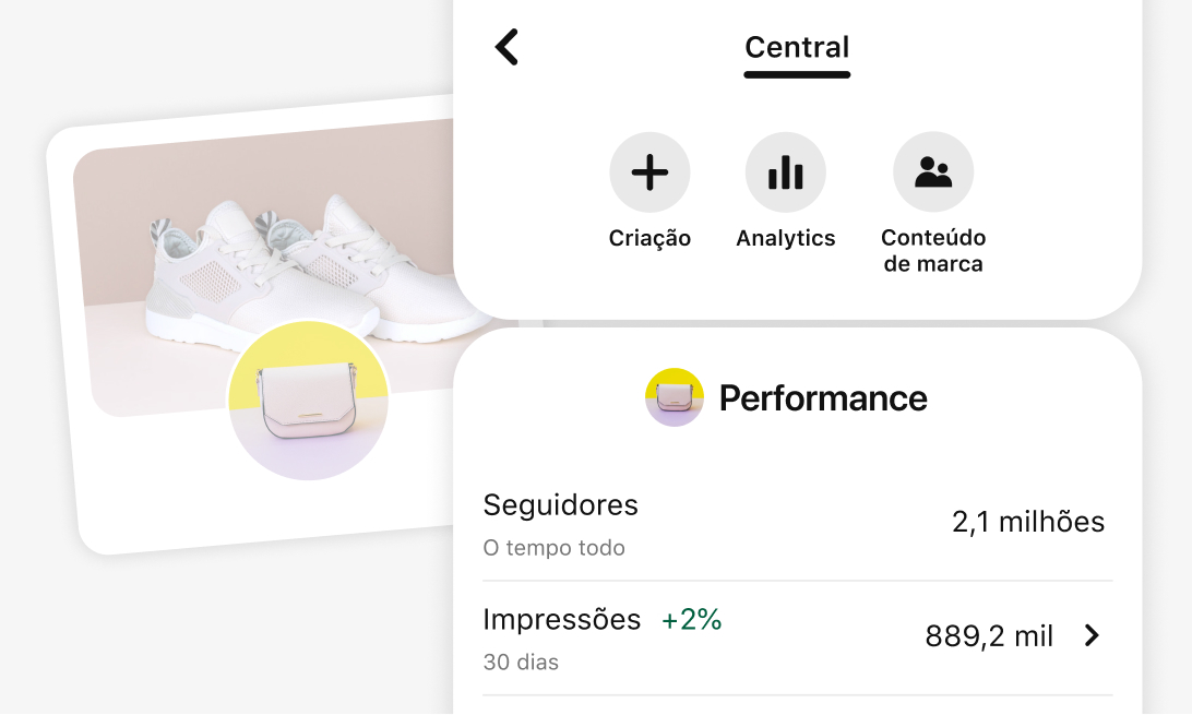 A captura de tela mostra a central de criadores do Pinterest com opções de criação, análise e conteúdo de marca. A seção "Performance" exibe métricas para seguidores e impressões. Atrás, um perfil da loja estilizado mostra um par de tênis brancos.