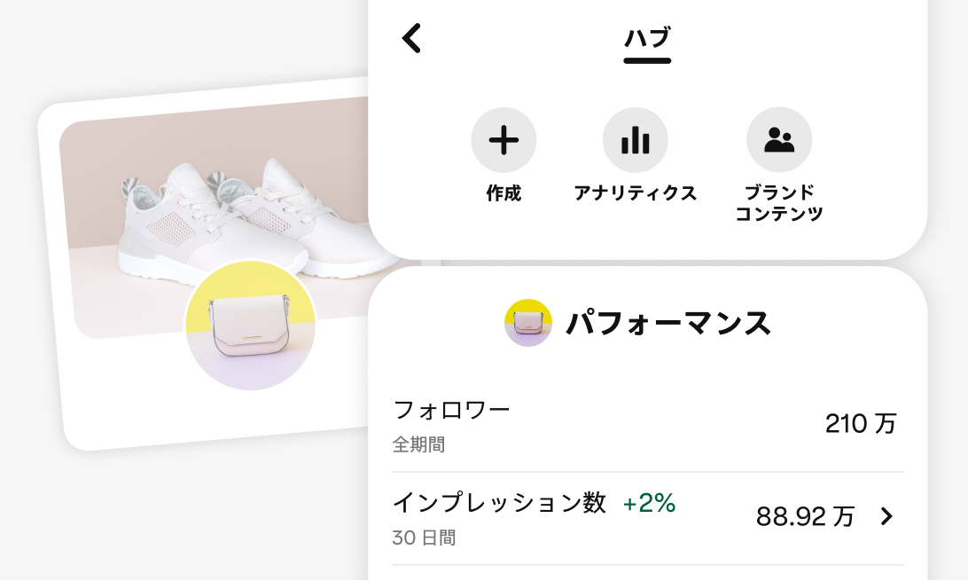 「作成」、「アナリティクス」、「ブランドコンテンツ」の各オプションが表示された、Pinterest クリエイターハブのモバイル画面のスナップショット。「パフォーマンス」セクションに、フォロワー数とインプレッション数の指標が表示されている。その後ろに、白いスニーカーが表示された、マーチャントのスタイリッシュなプロフィール画像が配置されている。