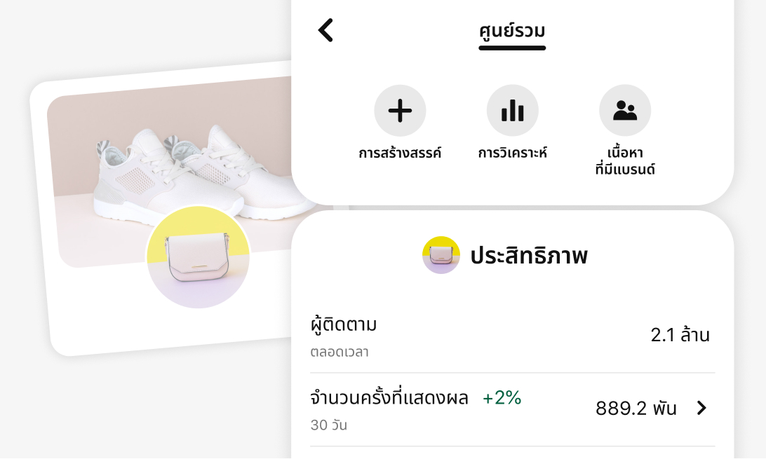 ภาพหน้าจอมือถือของศูนย์รวมครีเอเตอร์ของ Pinterest พร้อมตัวเลือกสำหรับการสร้างสรรค์ การวิเคราะห์ และเนื้อหาที่มีแบรนด์ ส่วนประสิทธิภาพจะแสดงเมตริกสำหรับผู้ติดตามและจำนวนครั้งที่แสดงผล ด้านหลังเป็นโปรไฟล์ผู้ค้าที่ตกแต่งสวยงามและแสดงรองเท้าผ้าใบสีขาวหนึ่งคู่