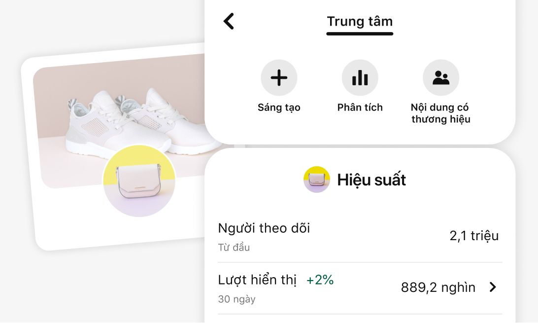 Ảnh chụp màn hình Cộng đồng người tạo của Pinterest trên di động, có tùy chọn Sáng tạo, Phân tích, Nội dung có thương hiệu. Bên dưới là phần Hiệu suất hiển thị người theo dõi và lượt hiển thị. Phía sau là hồ sơ người bán cách điệu có giày thể thao trắng.