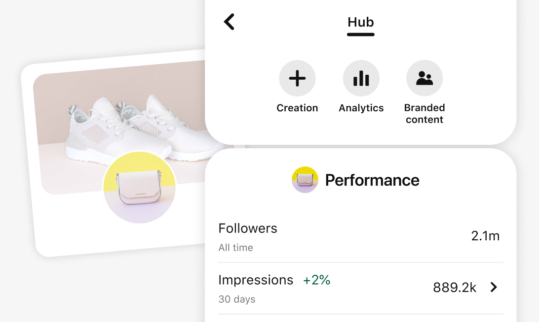 Mobile screen snapshot of Pinterest's Creator Hub with options for Creation, Analytics, and Branded Content. A Performance section displays metrics for followers and impressions. Behind is a stylized merchant profile shows a pair white sneakers.