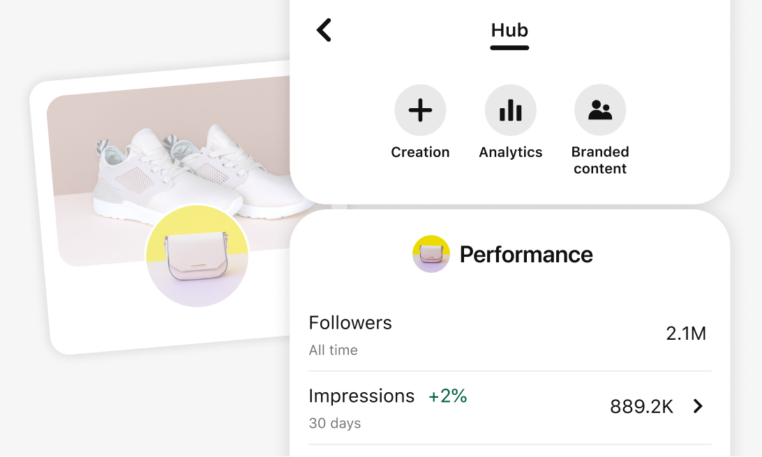 Mobile screen snapshot of Pinterest’s creator hub with options for Creation, Analytics and Branded content. A Performance section displays metrics for followers and impressions. A stylised merchant profile in the background shows a pair of white trainers.