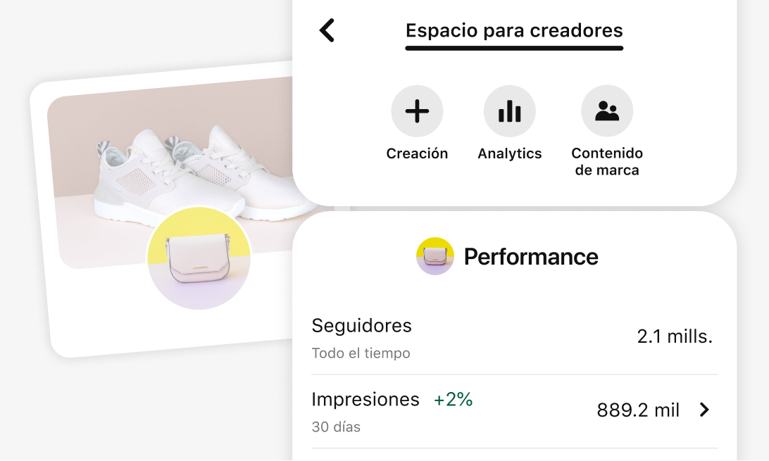 Captura de pantalla móvil del espacio para creadores con opciones de creación, analytics y contenido de marca. Una sección de rendimiento con métricas de seguidores e impresiones. Detrás, un perfil de comerciante estilizado, con un par de zapatillas.