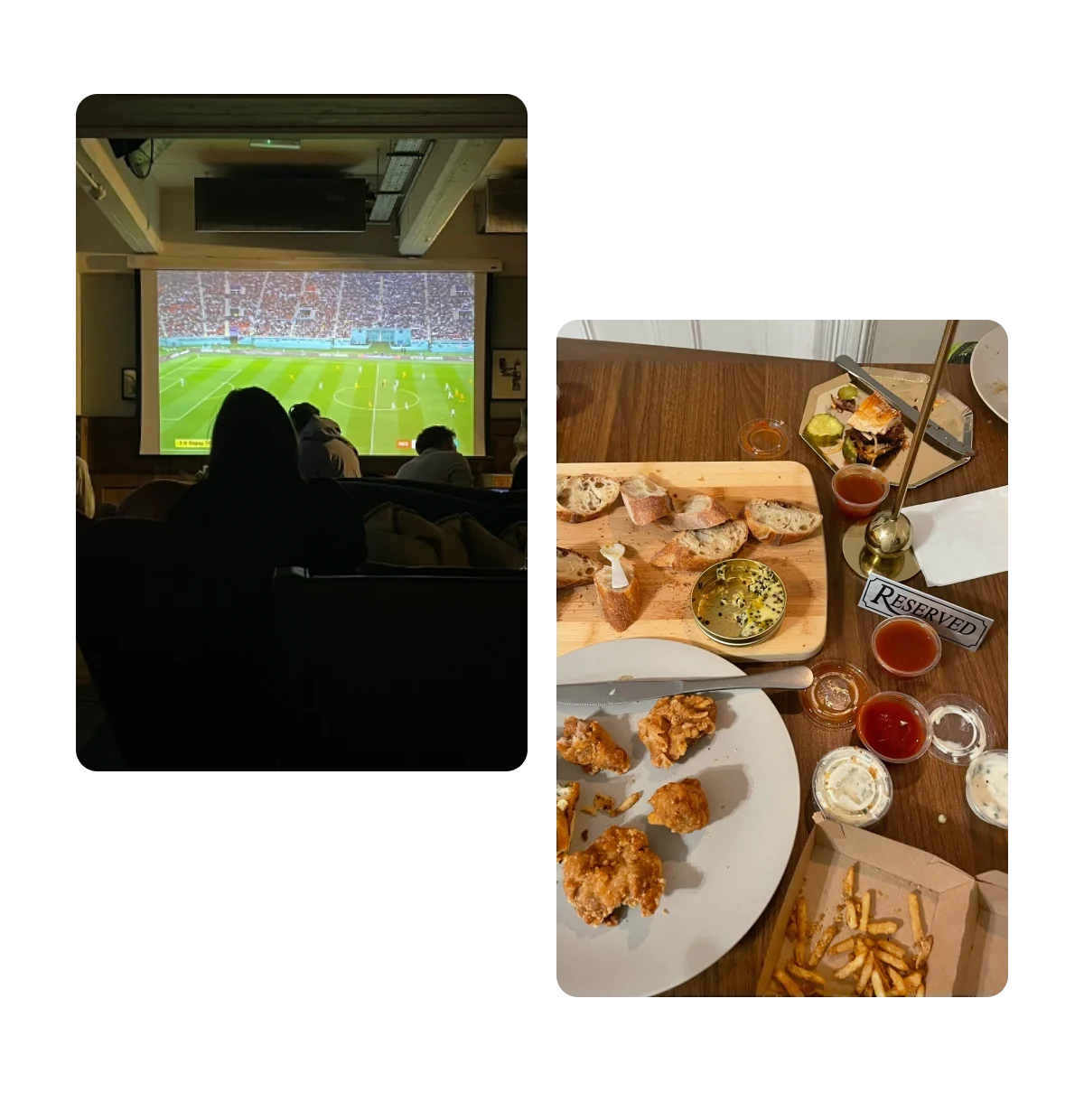 Two pins, watching sports game on big screen, spread of junk food