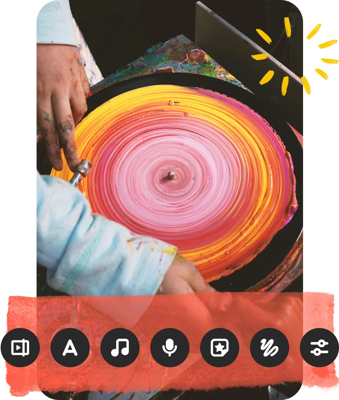 ピンの特別な機能のアイコンと色が塗られたレコードを廻している手の画像のコラージュ