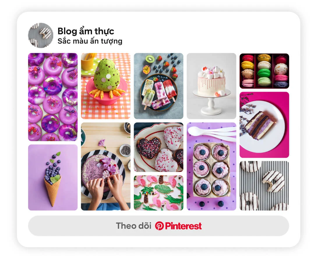 Lưới ghim gồm nhiều món ăn đầy màu sắc kèm nút "Theo dõi trên Pinterest"