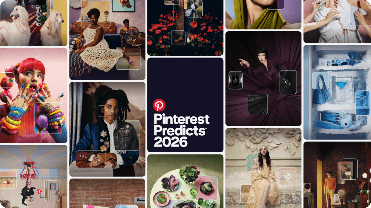 “Pinterest Predicts 2026” preview of trends showing eclectic fashion, food and decor images