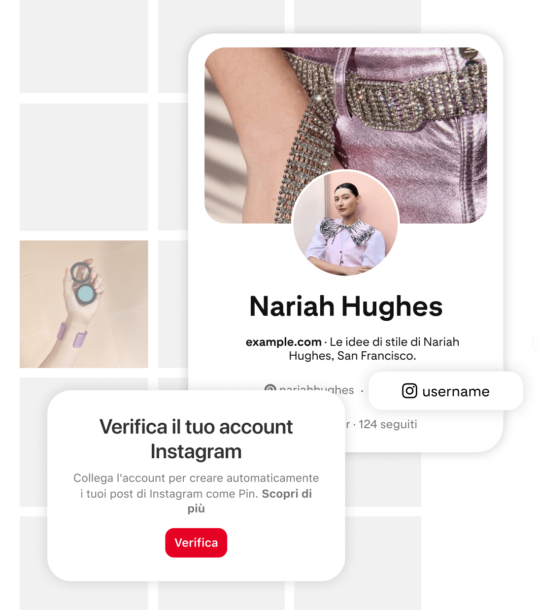 Immagine che invita gli utenti a verificare l'account Instagram. Ci sono un pulsante rosso con la scritta "Verifica" e un testo esplicativo. A destra, una scheda del profilo Pinterest di Nariah Hughes con foto e nomi utente sui suoi social media.