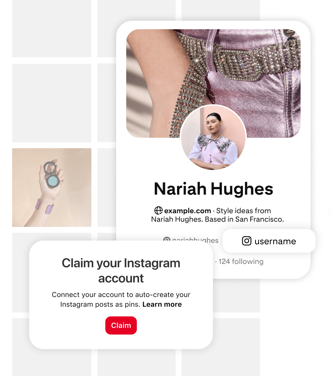 Graphic prompting users to "Claim your Instagram account." Includes red button labeled "Claim" and text about connecting the account. On right, a Pinterest profile card for Nariah Hughes displays her photo and social media handles.