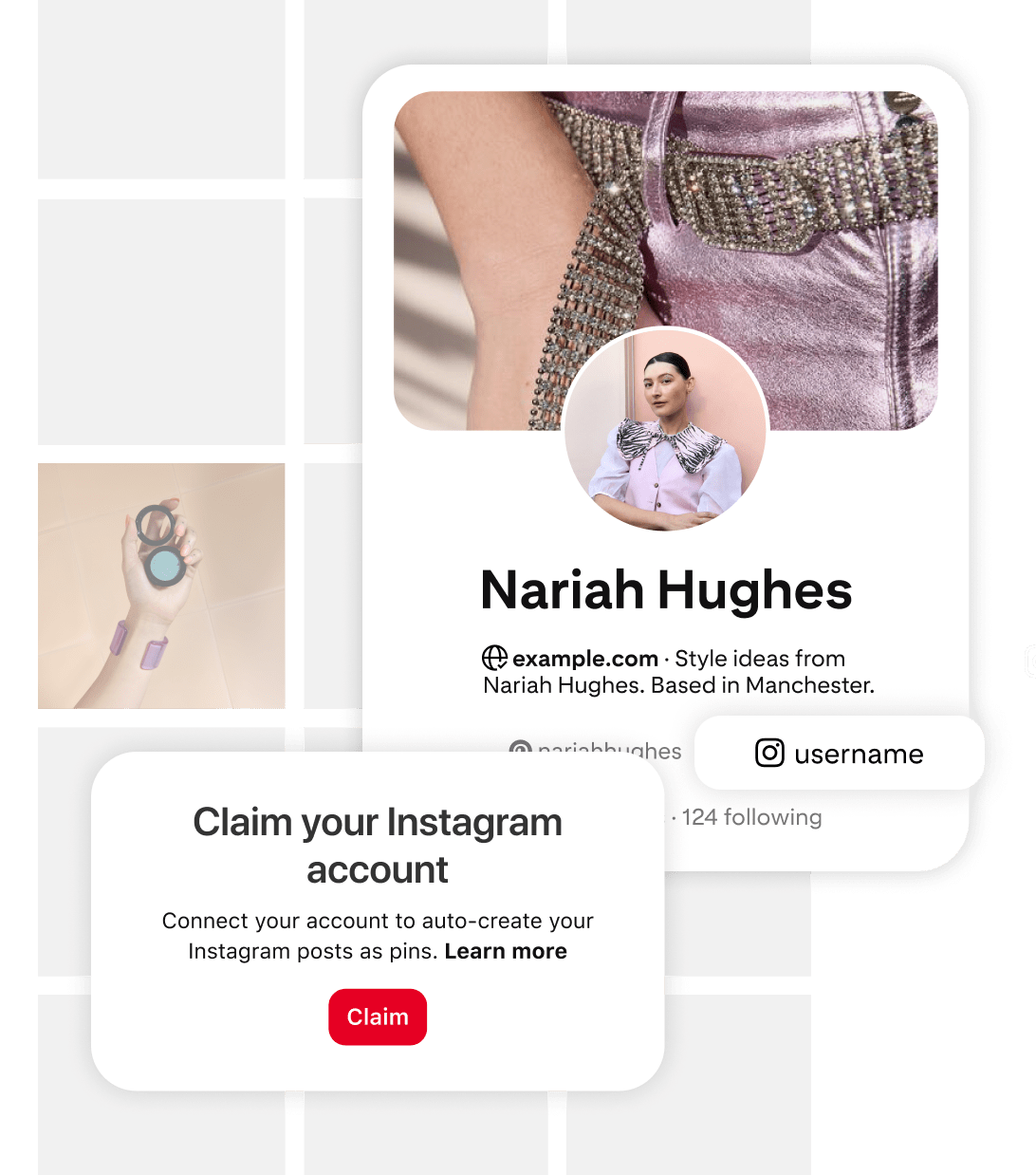 Graphic prompting users to "Claim your Instagram account." Includes red button labeled "Claim" and text about connecting the account. On right, a Pinterest profile card for Nariah Hughes displays her photo and social media handles.