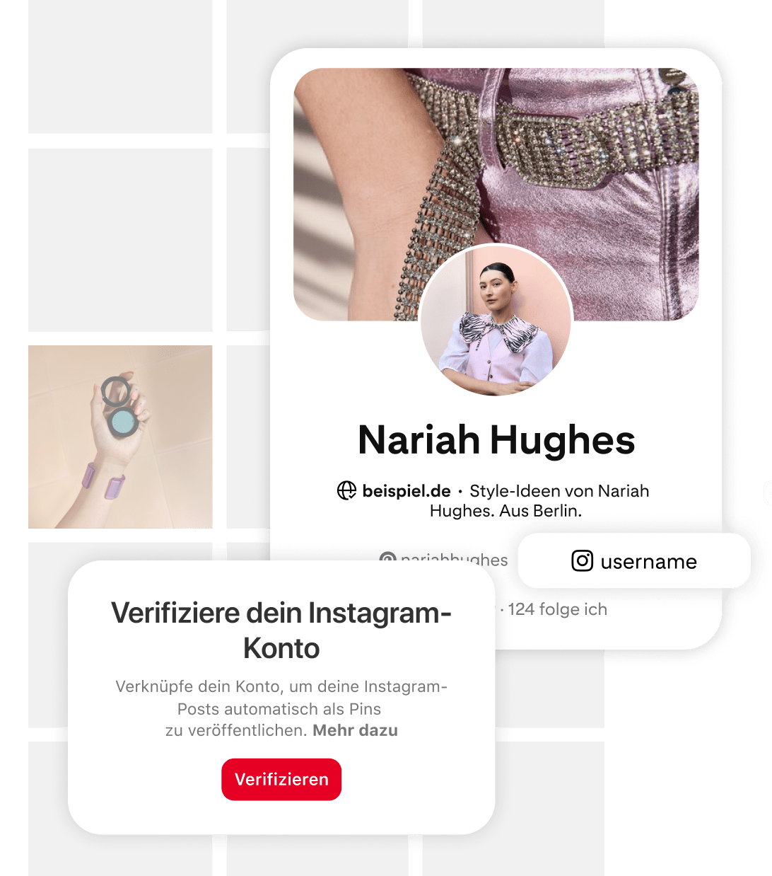 Grafik, die Nutzer*innen auffordert, ihr Instagram-Konto zu verifizieren. Enthält einen roten Button mit „Verifizieren“ und einen Text über das Verknüpfen des Kontos. Rechts eine Pinterest-Profilkarte von Nariah Hughes mit Foto und Social-Media-Handles.