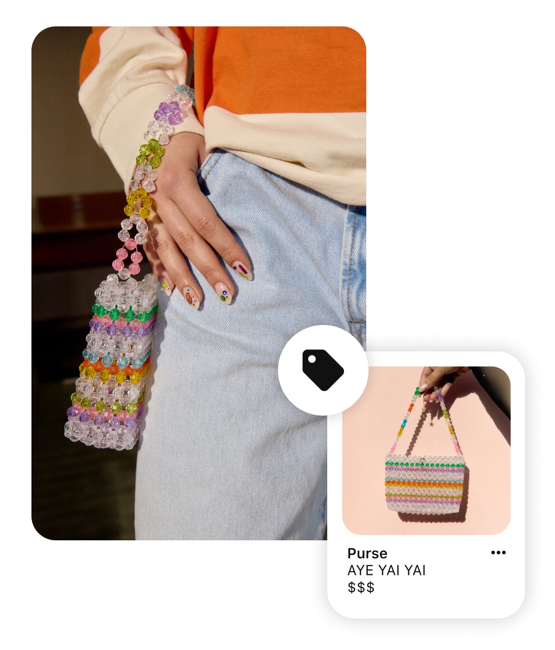 Pin of a beaded purse overlaid with a product Pin of the Purse