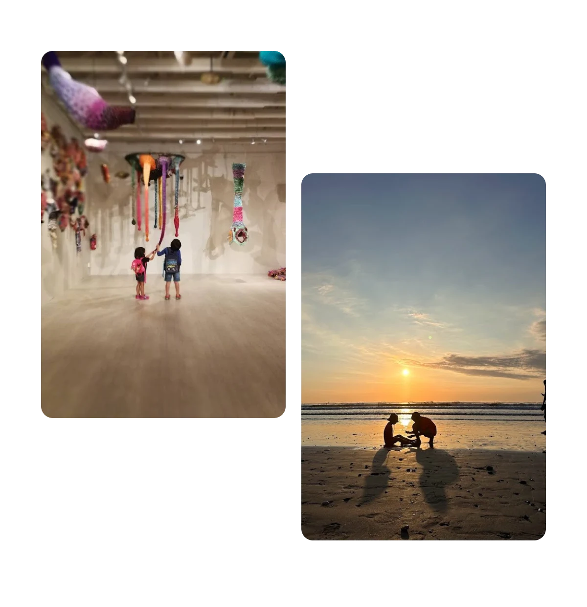 Two pins, children enjoying fun museum exhibit, two people at beach at sunset