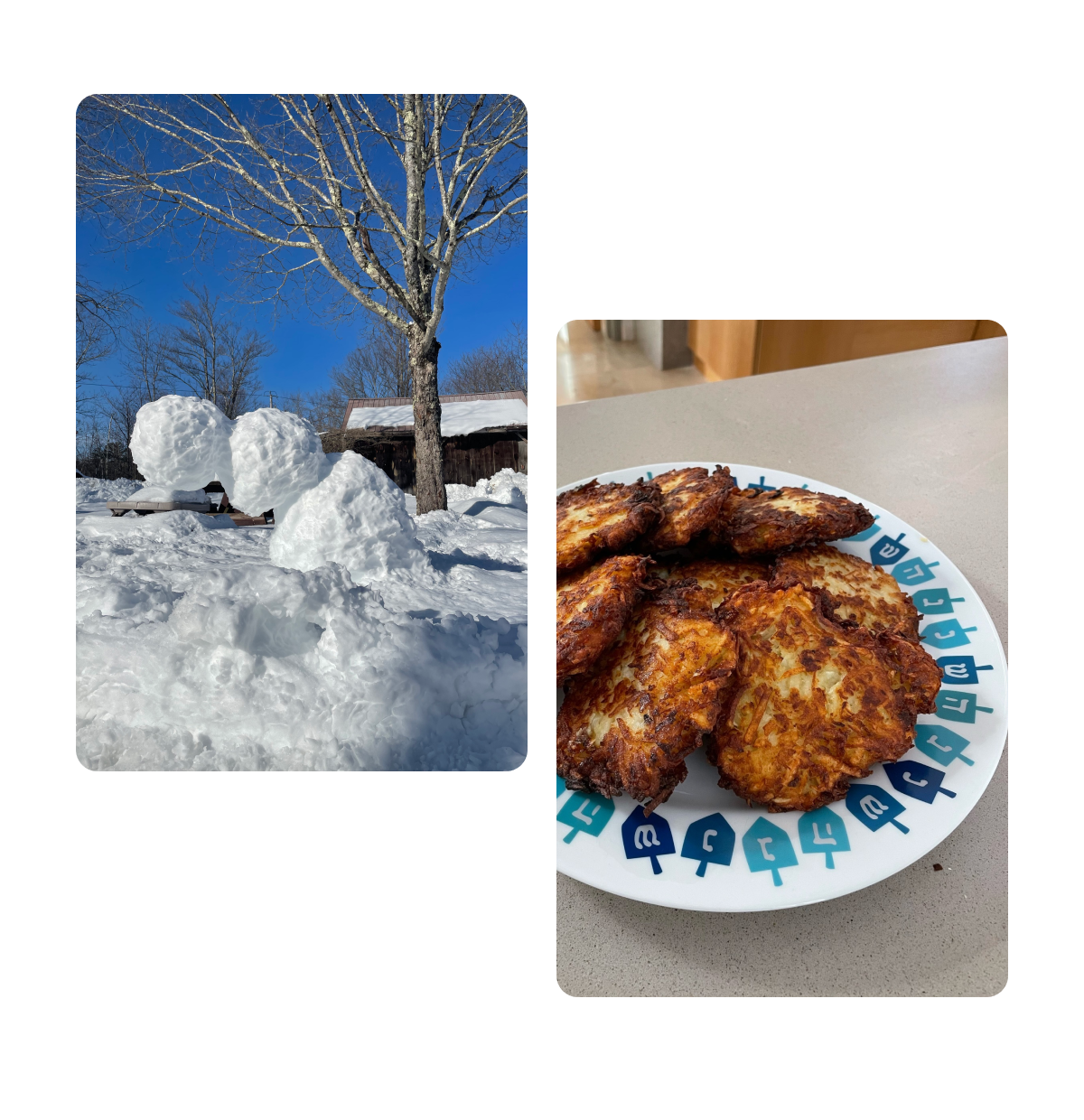 Zwei Pins, schmelzender Schneemann, Teller mit Kartoffelpuffer