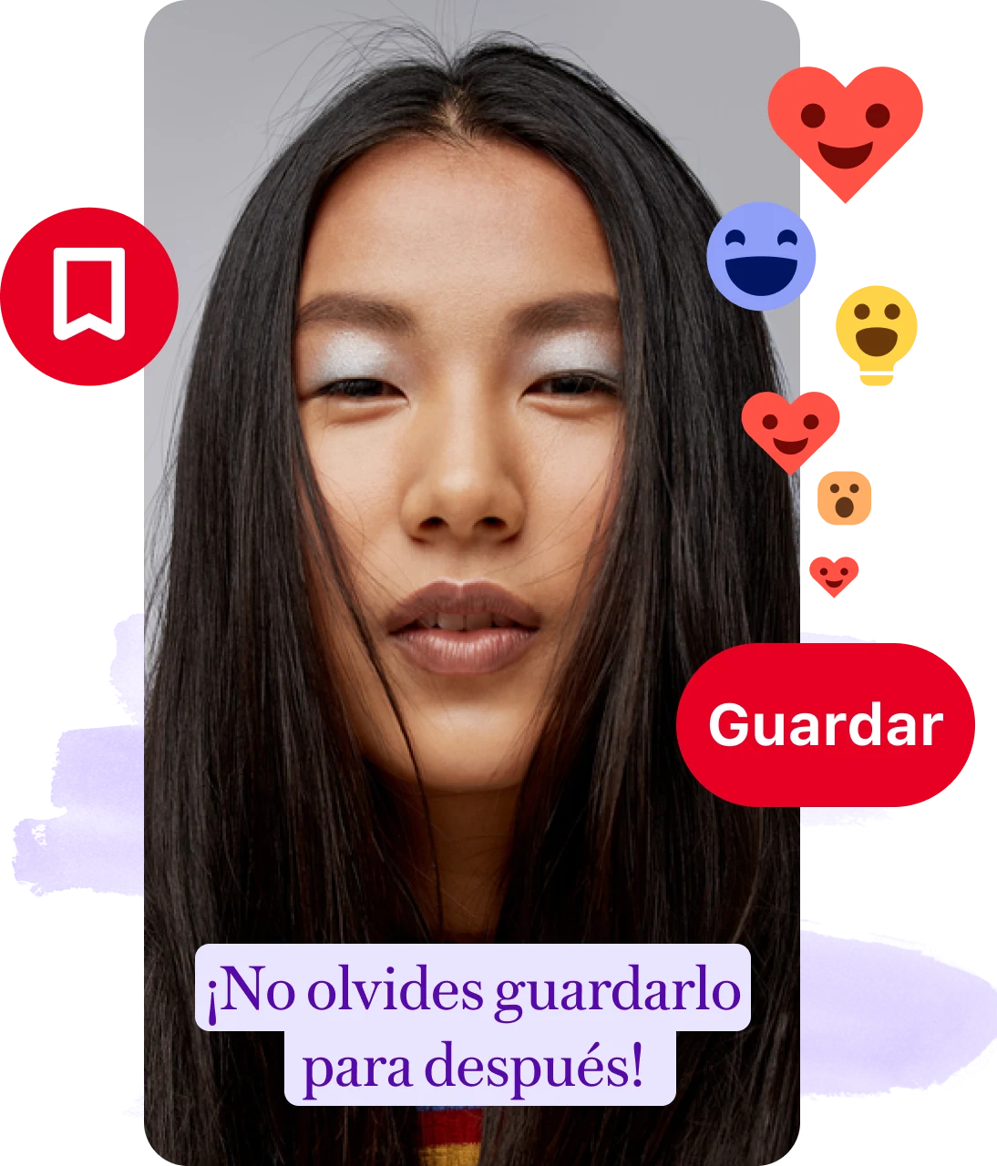 Collage de Pines de la cara de una mujer con un recordatorio para guardar la etiqueta, botones de &quot;Guardar&quot; y reacciones de emojis