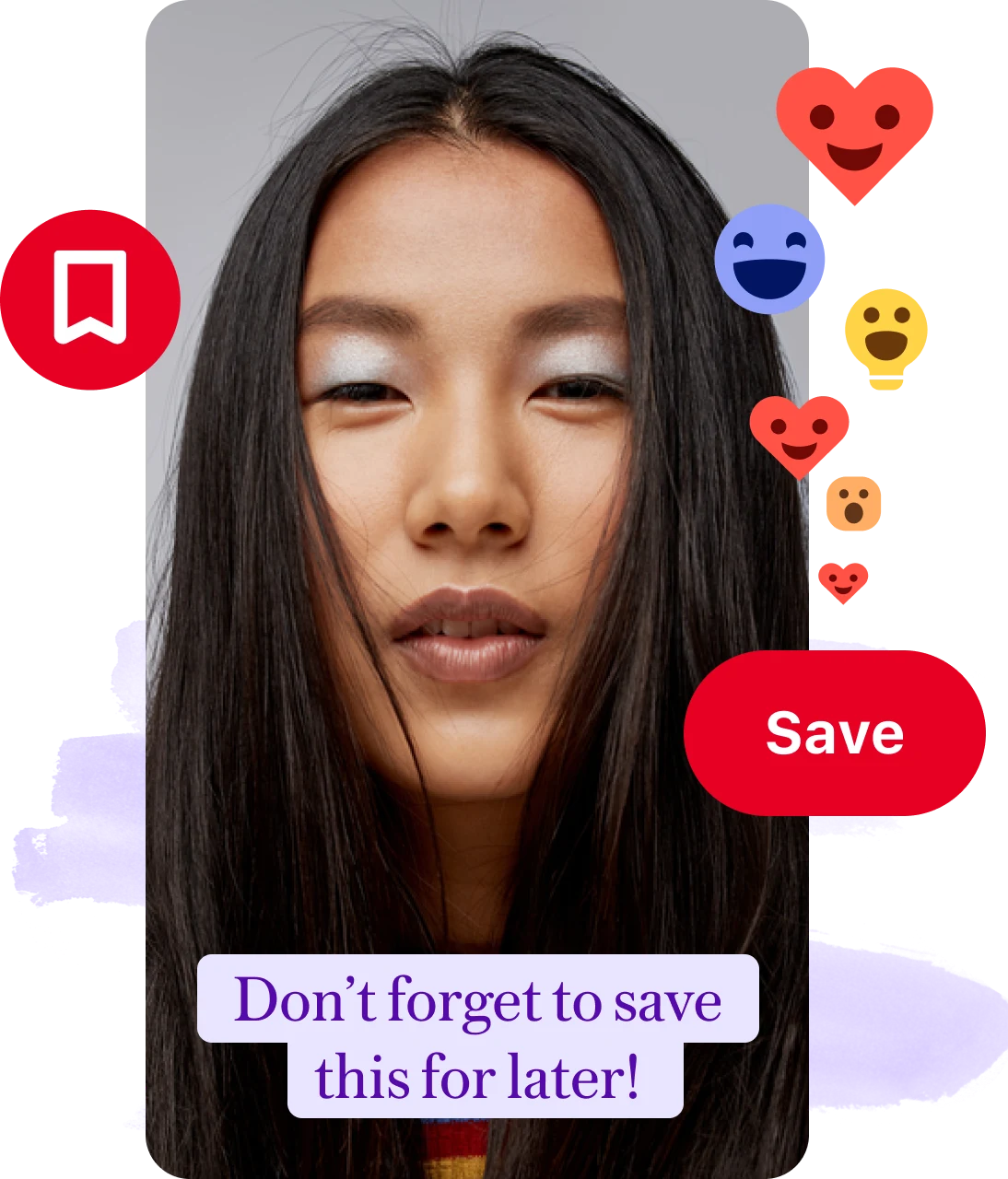 Pin of a woman's face with the reminder to save label, save buttons and emoji reactions