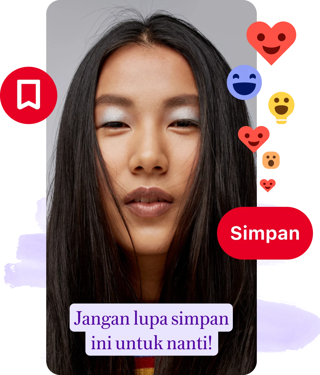 Kolase pin wajah wanita dengan pengingat untuk menyimpan label, tombol simpan, dan reaksi emoji
