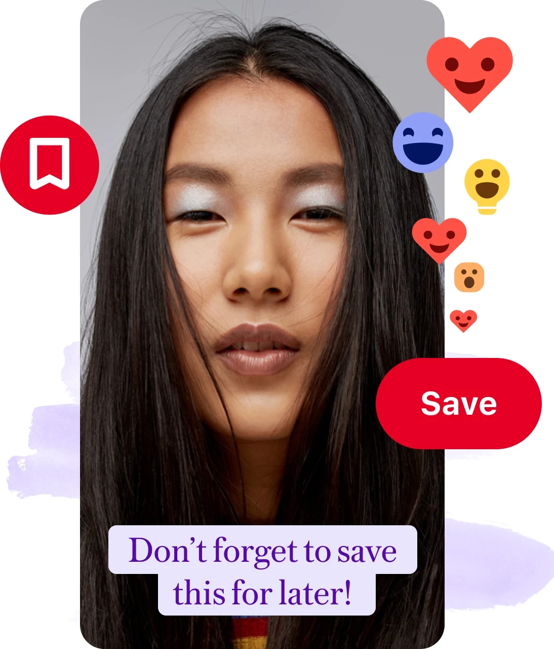 Collage of pin of woman's face with with reminder to save label, save buttons and emoji reactions