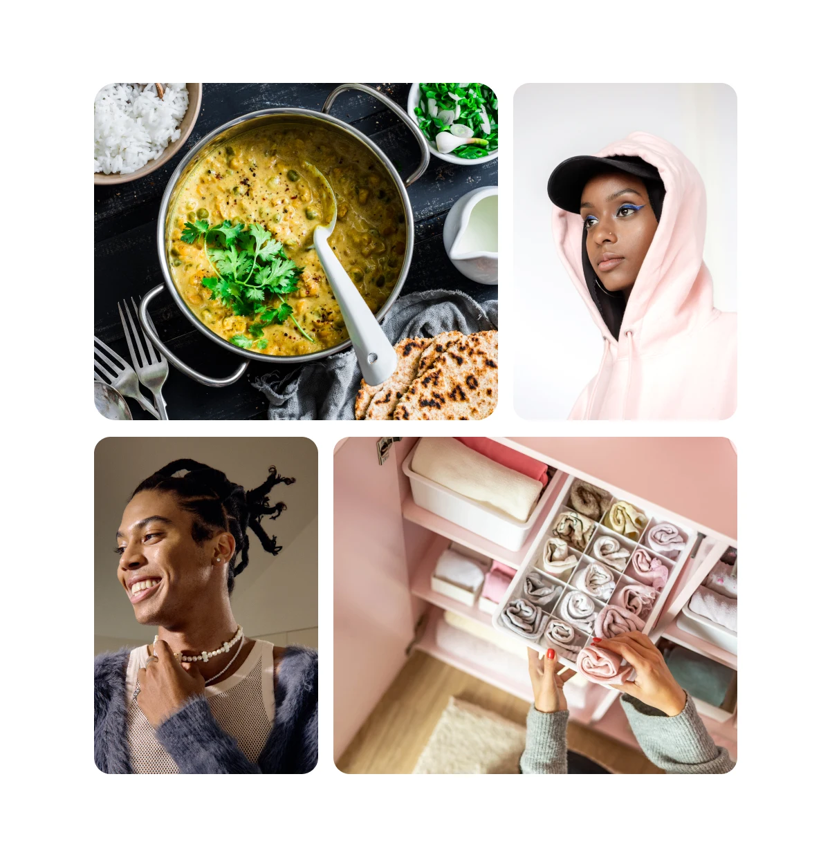 Grid of four images, including 30-minute recipes, elevated loungewear outfits, back to school hairstyles, sunday reset routine.