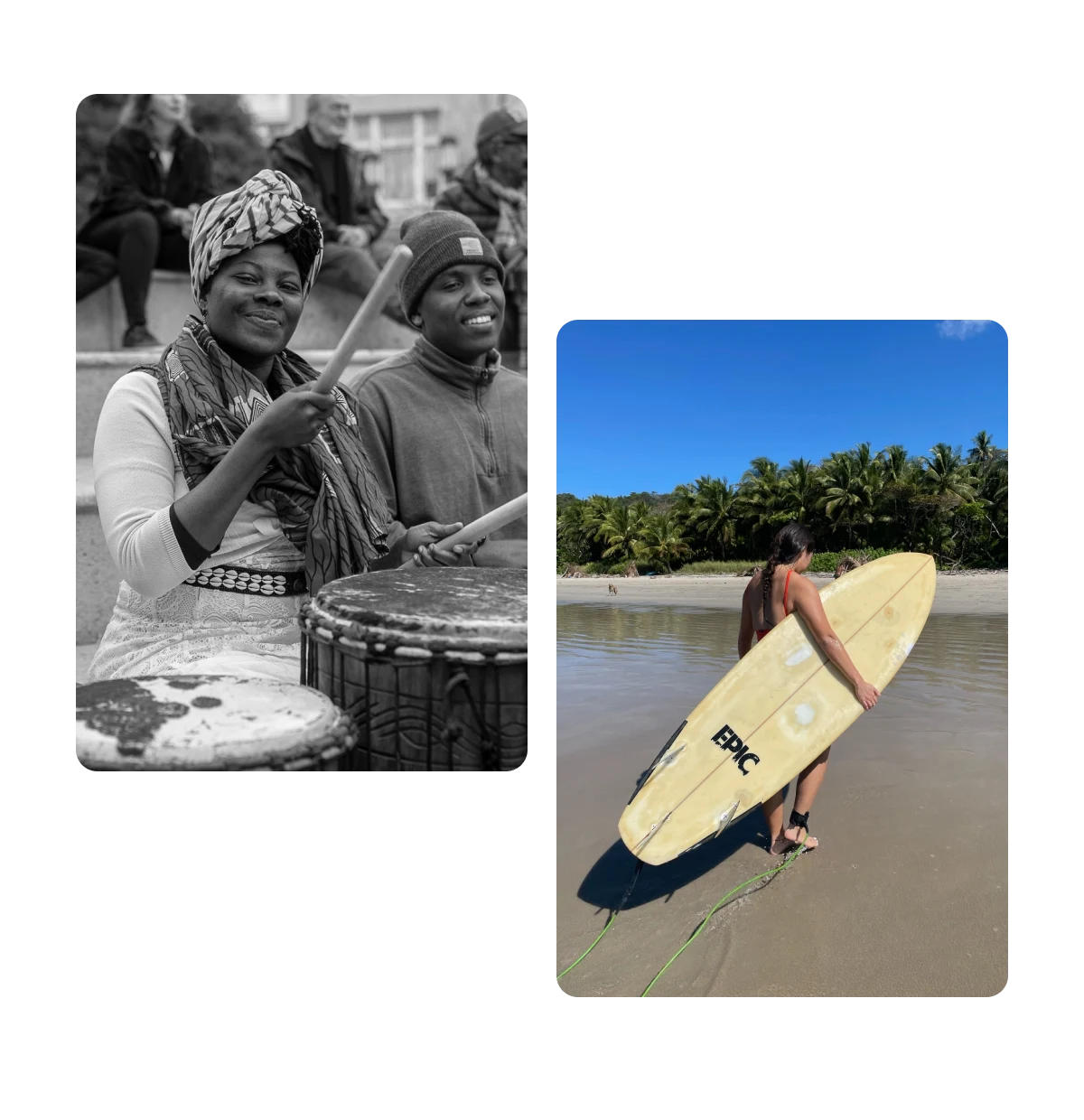 Dois Pins, mulher preta tocando tambor, mulher carregando uma prancha de surfe