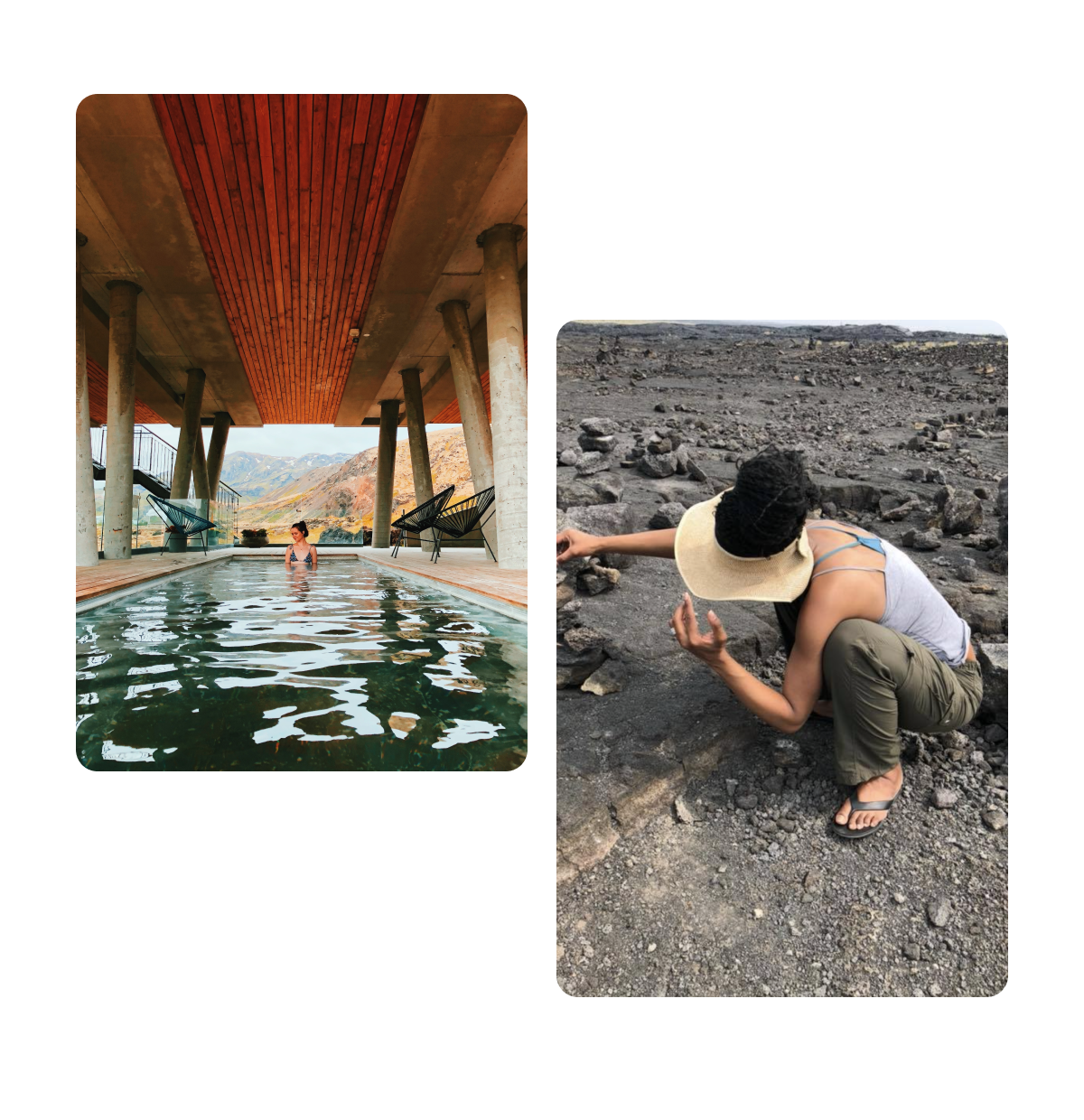 Two pins, woman in pool spa, woman kneeling down on beach