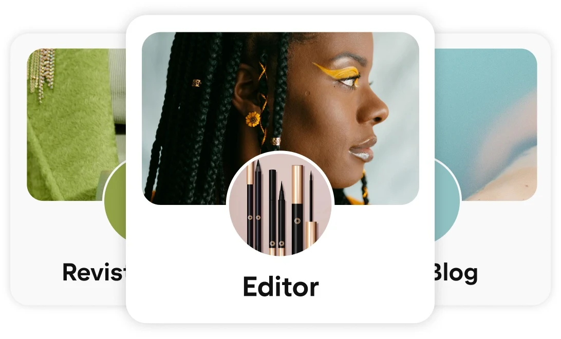Tres imágenes de portada de categoría apiladas, con el texto “Blog de belleza” al frente