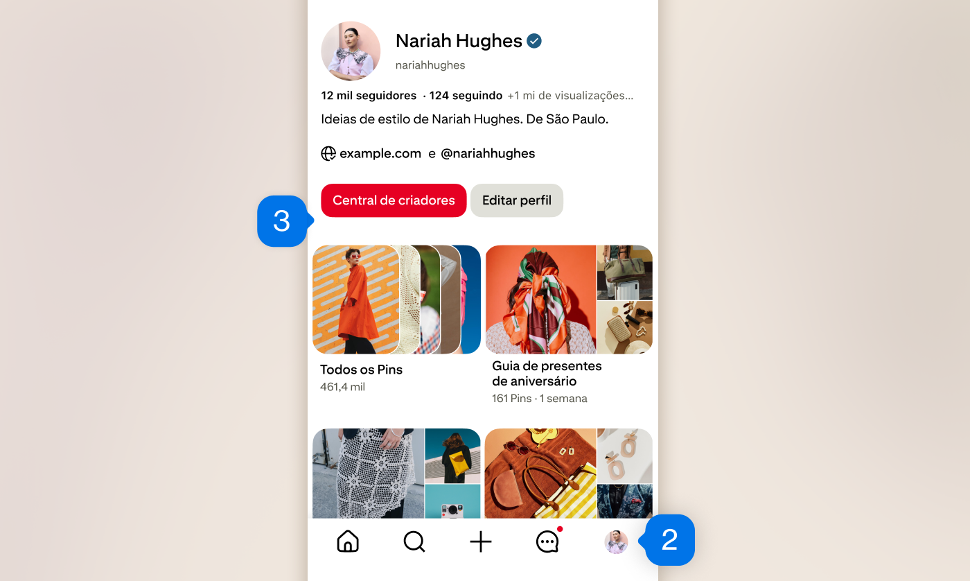 Perfil do Pinterest em dispositivo móvel mostrando pastas da criadora de conteúdo Nariah Hughes, com o rótulo "2" no ícone de perfil no canto inferior direito com e o rótulo "3" no botão da Central de criadores no terço superior esquerdo.