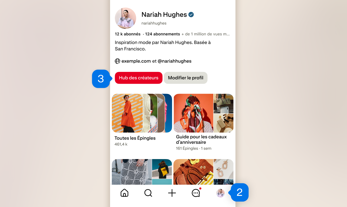 Aperçu d’un profil Pinterest sur mobile montrant des tableaux de la créatrice Nariah Hughes avec l’icône de profil en bas à droite désignée par « 2 » et le bouton Hub des créateurs en haut à gauche désigné par « 3 ».